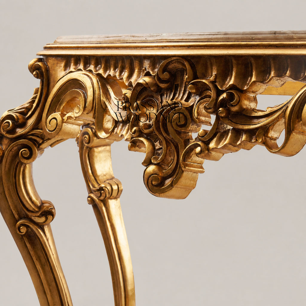 Louis XV Rococo fully gilded console table with crema marfil marble top, heavily carved apron, C-scroll cabriole legs and X-stretcher View 5 | Brass & Wood