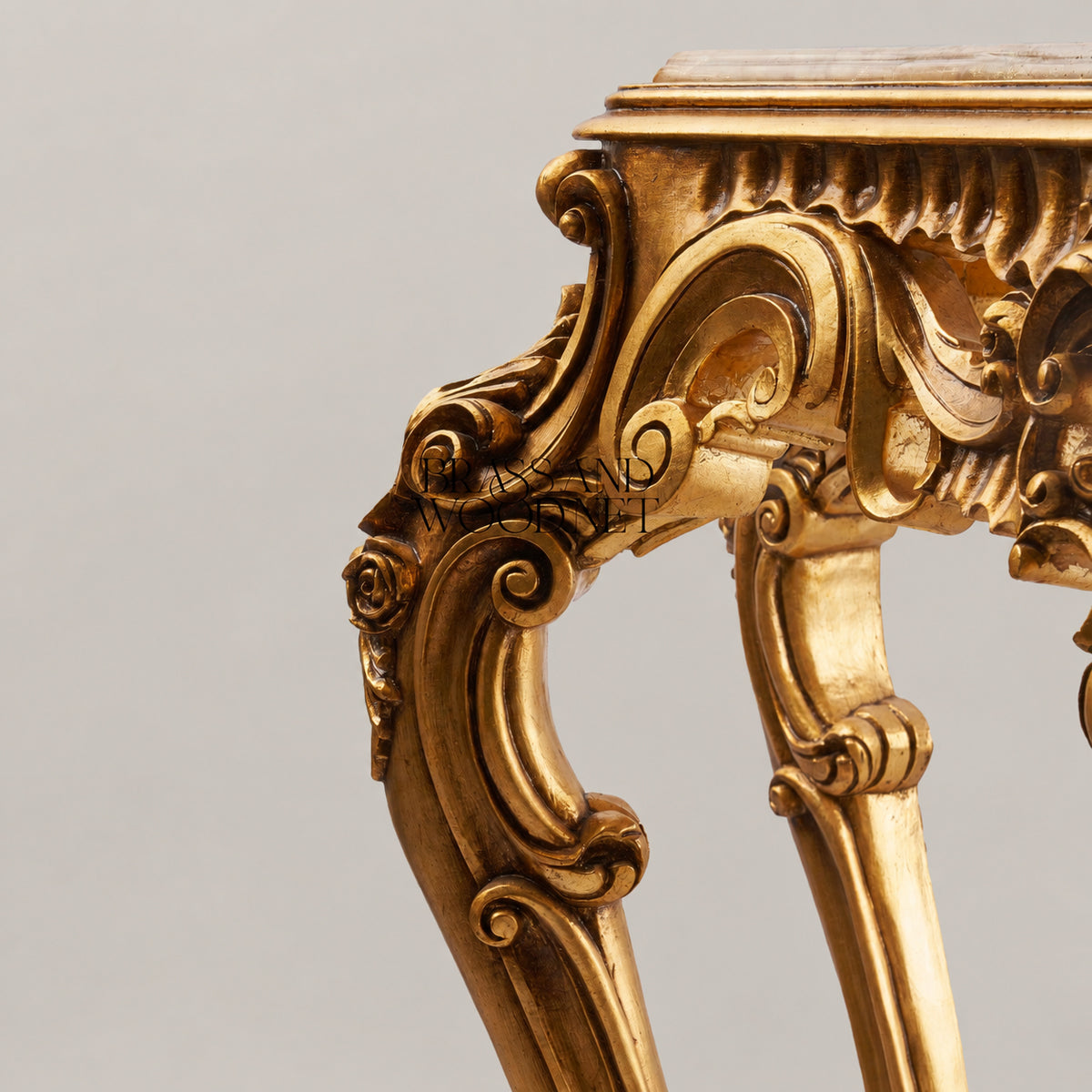 Louis XV Rococo fully gilded console table with crema marfil marble top, heavily carved apron, C-scroll cabriole legs and X-stretcher View 6 | Brass & Wood
