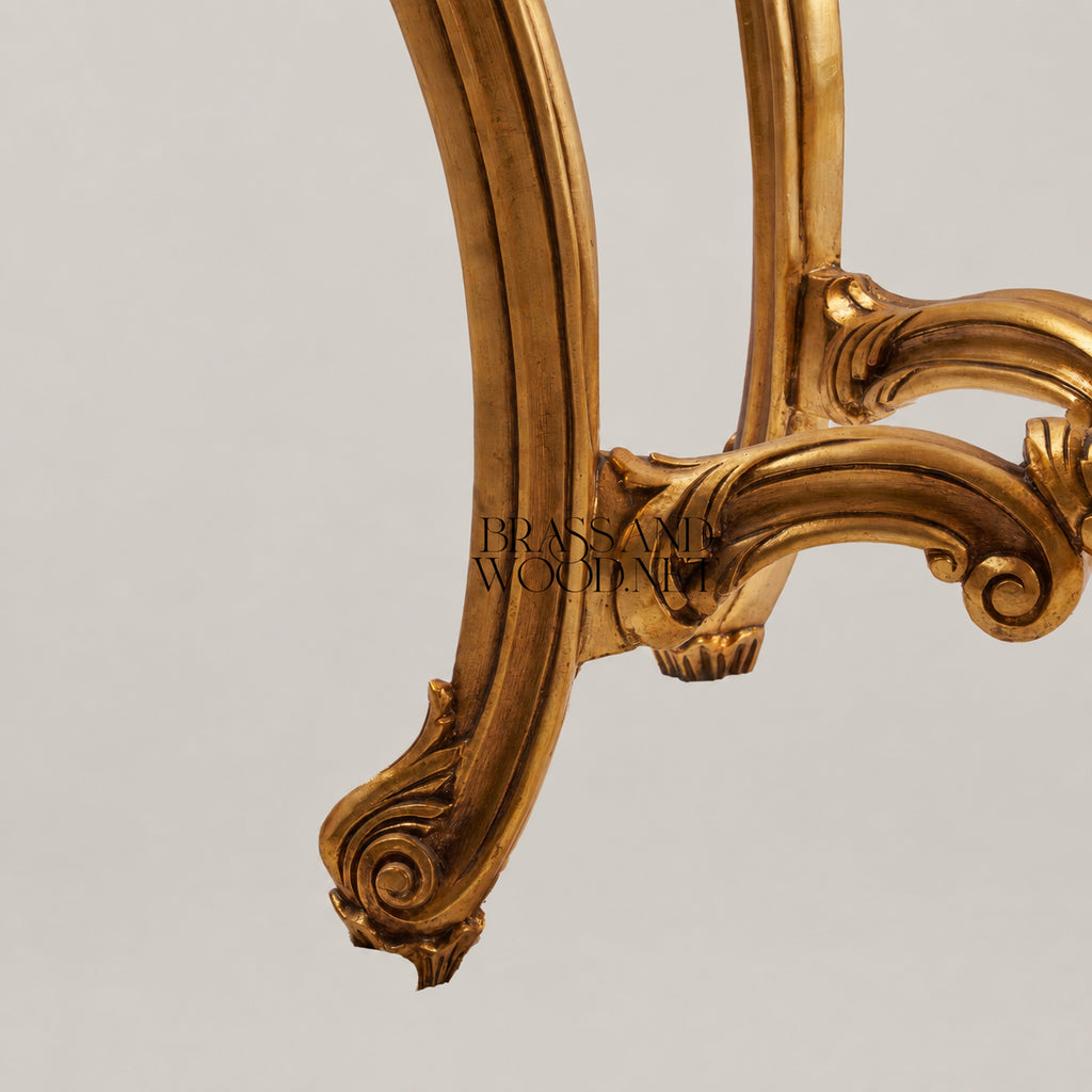 Louis XV Rococo fully gilded console table with crema marfil marble top, heavily carved apron, C-scroll cabriole legs and X-stretcher View 7 | Brass & Wood
