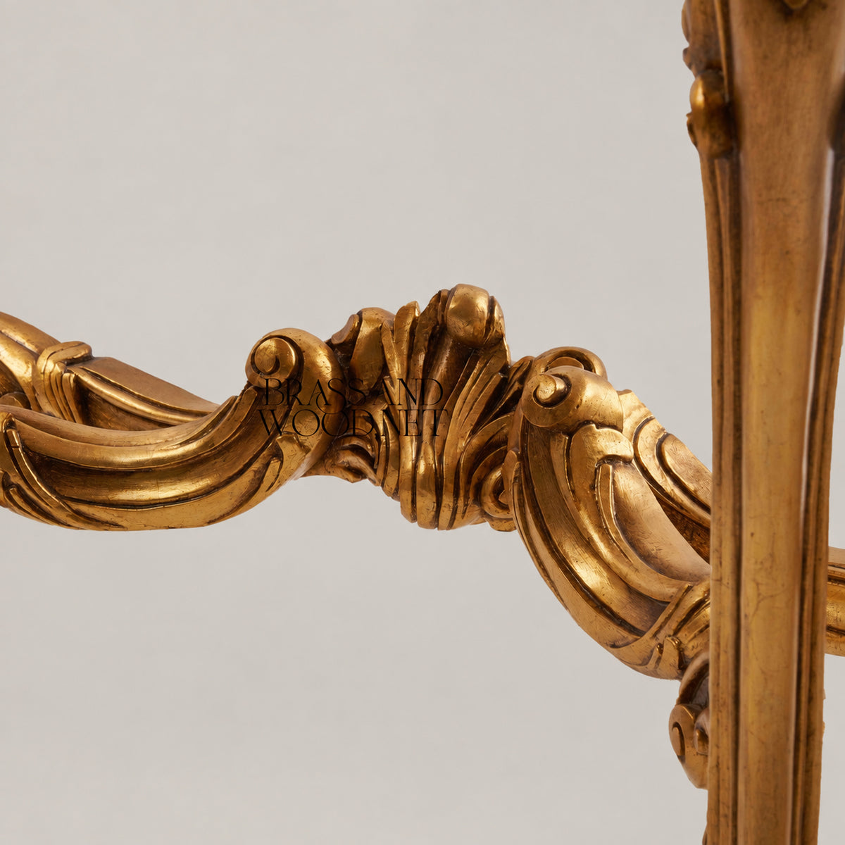 Louis XV Rococo fully gilded console table with crema marfil marble top, heavily carved apron, C-scroll cabriole legs and X-stretcher View 8 | Brass & Wood