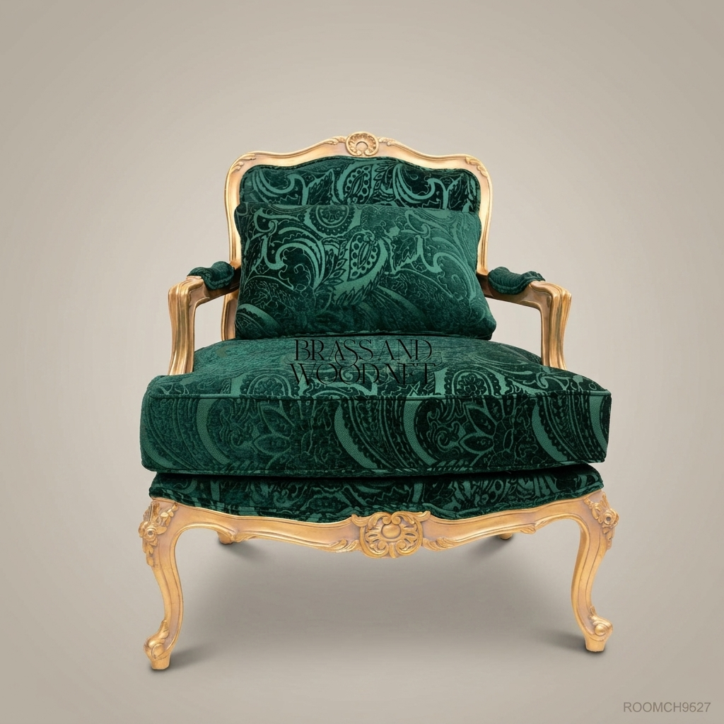 Louis XV Rococo Gilded Fauteuil Armchair Forest Green Paisley Cut Velvet Carved Frame Main View | Brass & Wood