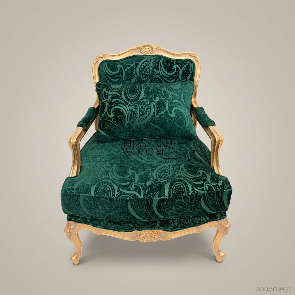 Louis XV Rococo Gilded Fauteuil Armchair Forest Green Paisley Cut Velvet Carved Frame View 2 | Brass & Wood