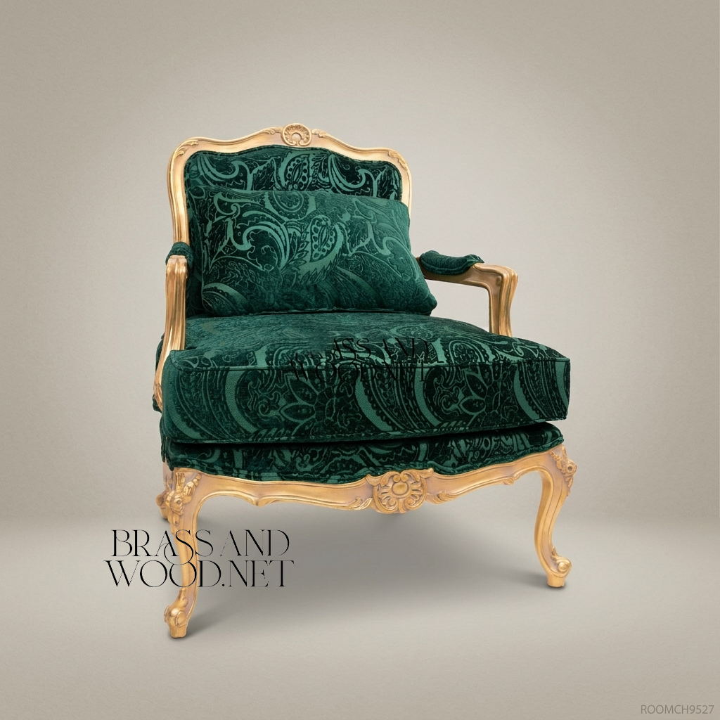 Louis XV Rococo Gilded Fauteuil Armchair Forest Green Paisley Cut Velvet Carved Frame View 3 | Brass & Wood