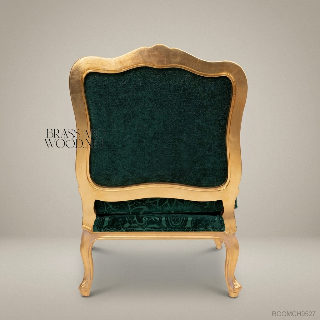 Louis XV Rococo Gilded Fauteuil Armchair Forest Green Paisley Cut Velvet Carved Frame View 4 | Brass & Wood