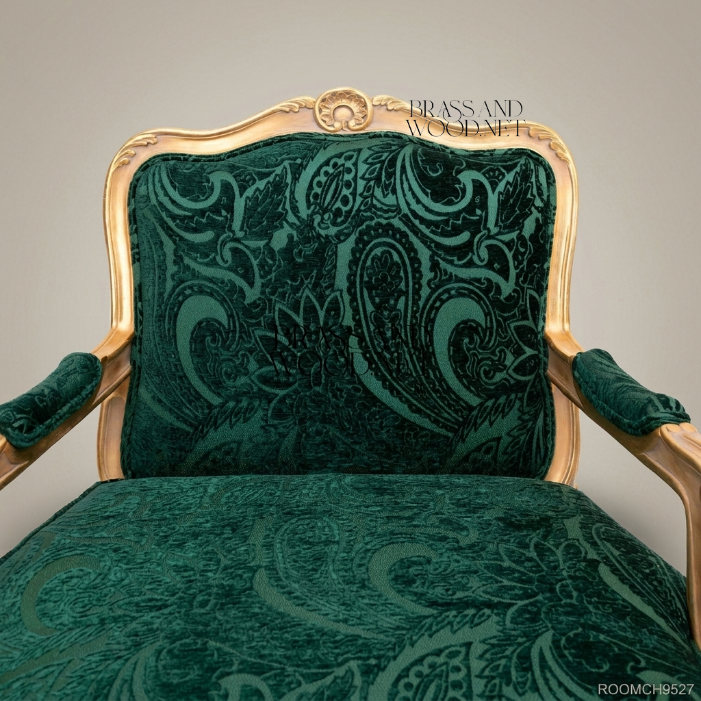 Louis XV Rococo Gilded Fauteuil Armchair Forest Green Paisley Cut Velvet Carved Frame View 5 | Brass & Wood