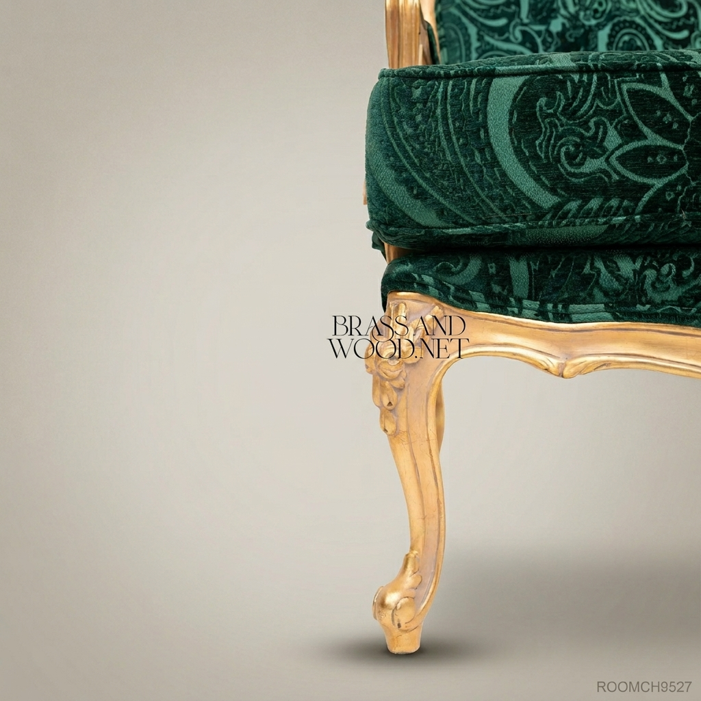 Louis XV Rococo Gilded Fauteuil Armchair Forest Green Paisley Cut Velvet Carved Frame View 6 | Brass & Wood