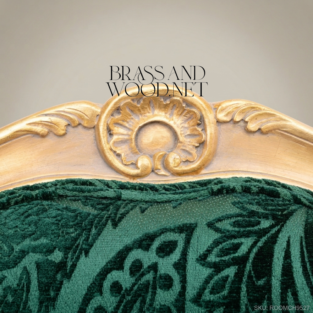 Louis XV Rococo Gilded Fauteuil Armchair Forest Green Paisley Cut Velvet Carved Frame View 7 | Brass & Wood