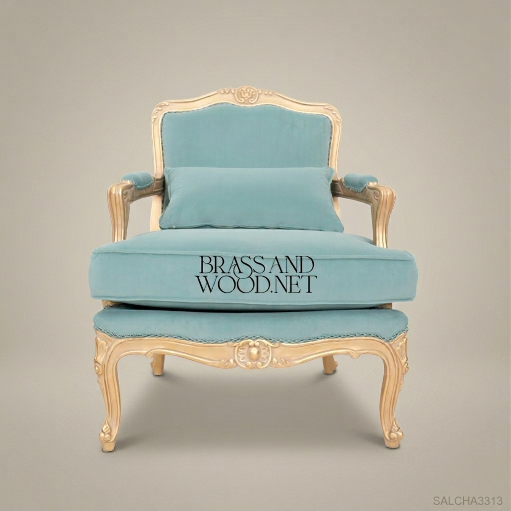 Louis XV Rococo Gilded Fauteuil Armchair Teal Velvet Carved Shell Crest Cabriole Legs Main View | Brass & Wood