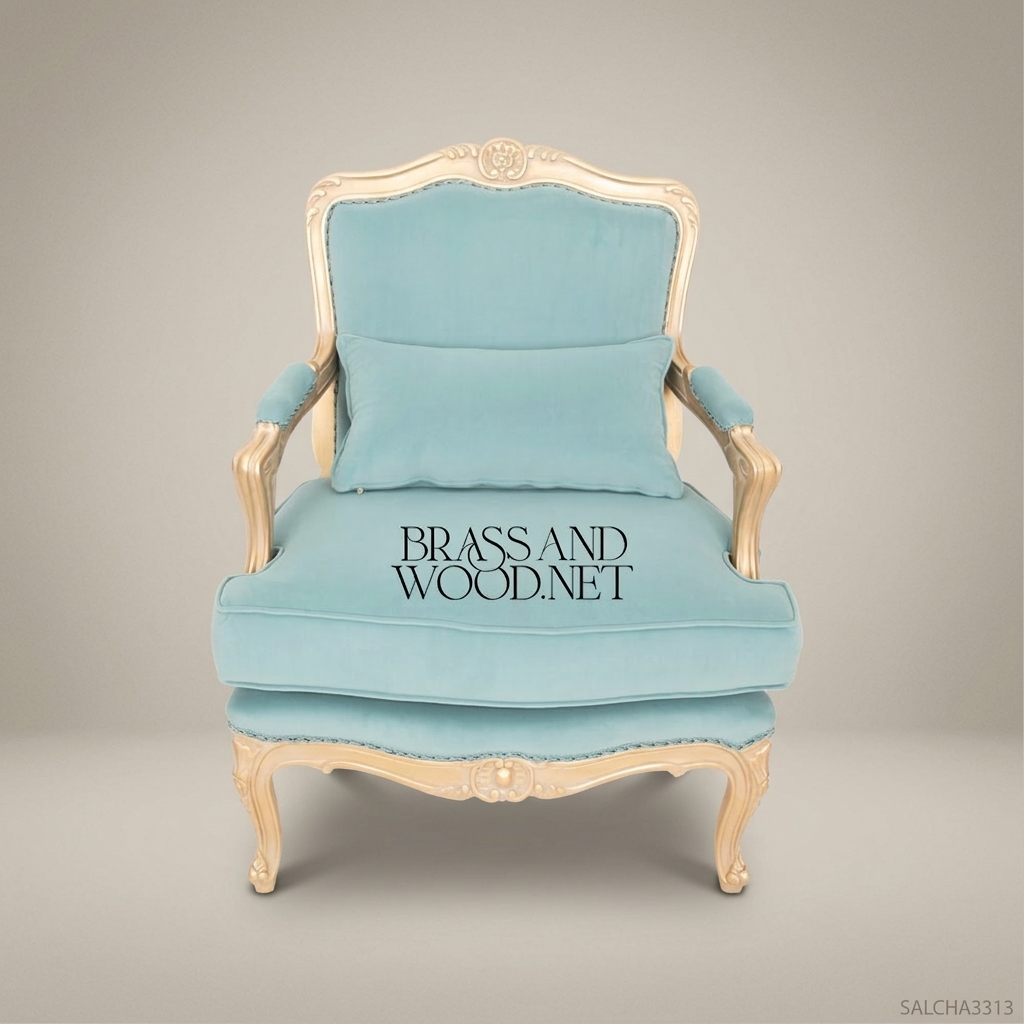 Louis XV Rococo Gilded Fauteuil Armchair Teal Velvet Carved Shell Crest Cabriole Legs View 2 | Brass & Wood