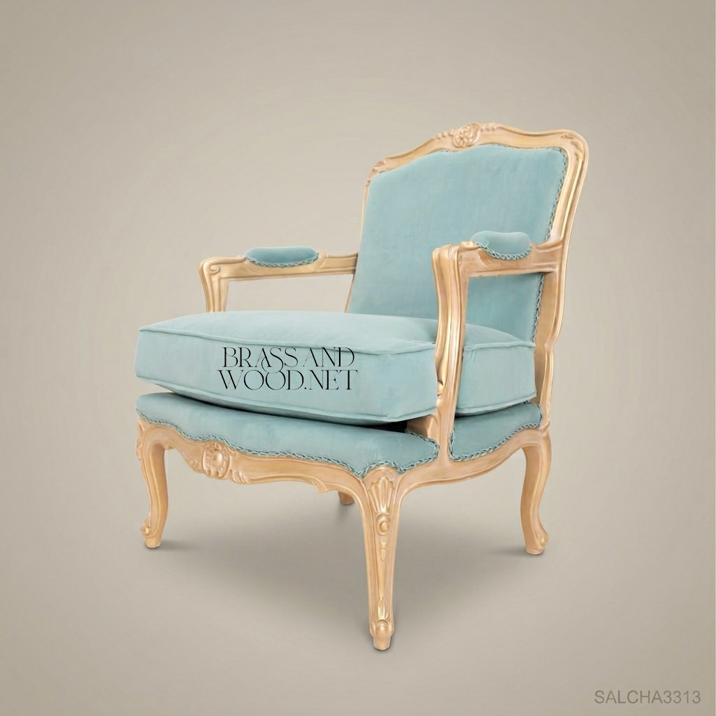 Louis XV Rococo Gilded Fauteuil Armchair Teal Velvet Carved Shell Crest Cabriole Legs View 3 | Brass & Wood