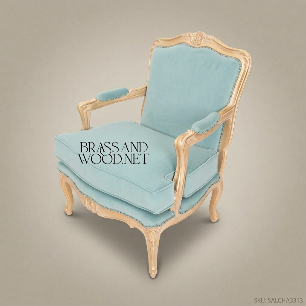 Louis XV Rococo Gilded Fauteuil Armchair Teal Velvet Carved Shell Crest Cabriole Legs View 4 | Brass & Wood