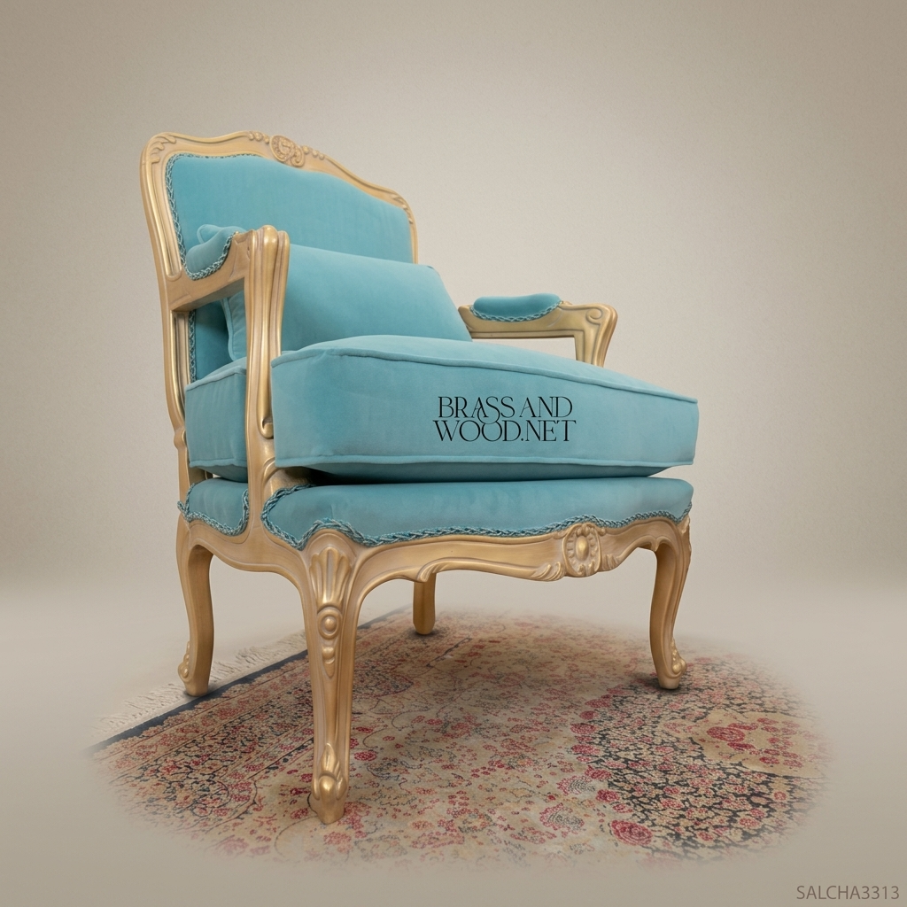 Louis XV Rococo Gilded Fauteuil Armchair Teal Velvet Carved Shell Crest Cabriole Legs View 5 | Brass & Wood