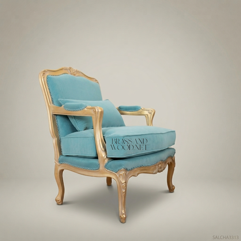 Louis XV Rococo Gilded Fauteuil Armchair Teal Velvet Carved Shell Crest Cabriole Legs View 6 | Brass & Wood