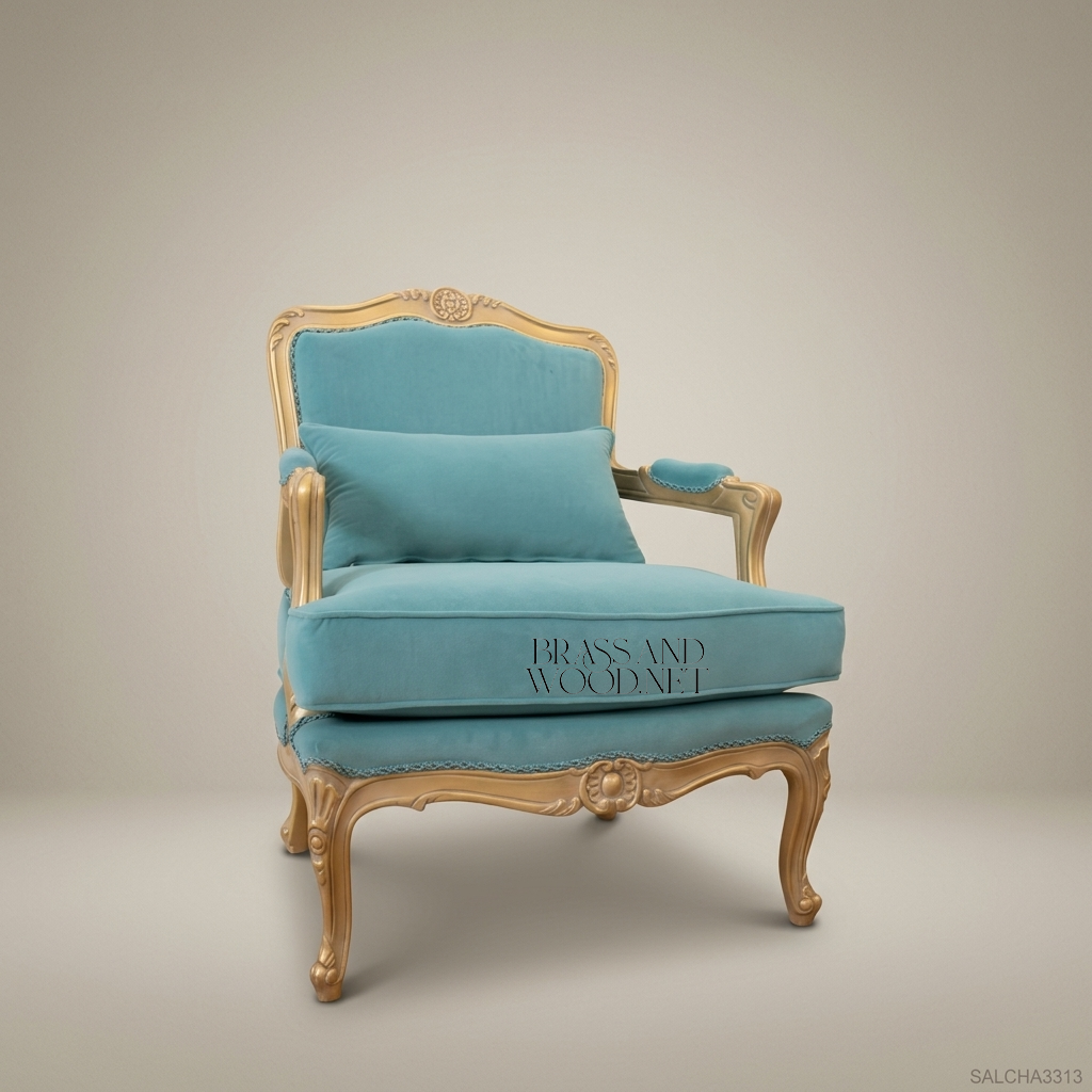 Louis XV Rococo Gilded Fauteuil Armchair Teal Velvet Carved Shell Crest Cabriole Legs View 8 | Brass & Wood
