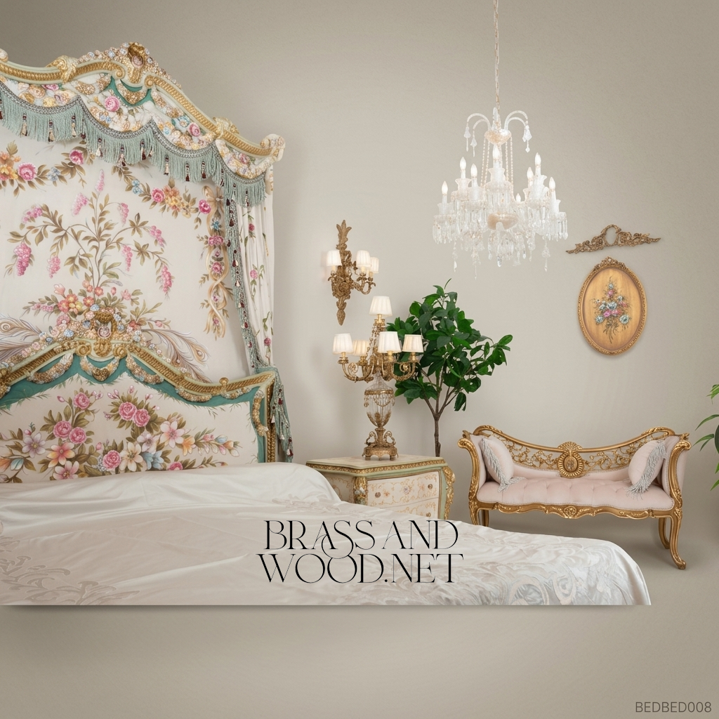 Louis XV Rococo Half-Tester Bed with Hand-Painted Floral Canopy & Gold Leaf Shell Crest