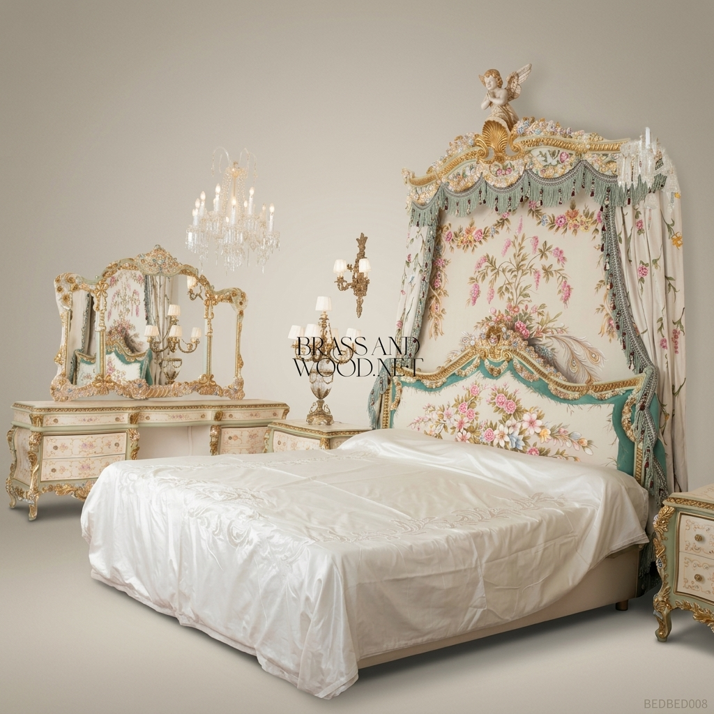 Louis XV Rococo Half-Tester Bed with Hand-Painted Floral Canopy & Gold Leaf Shell Crest