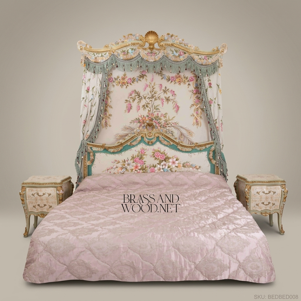 Louis XV Rococo Half-Tester Bed with Hand-Painted Floral Canopy & Gold Leaf Shell Crest