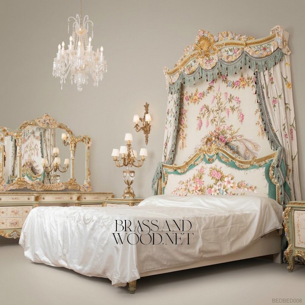 Louis XV Rococo Half-Tester Bed with Hand-Painted Floral Canopy & Gold Leaf Shell Crest