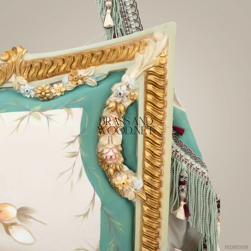Louis XV Rococo Half-Tester Bed with Hand-Painted Floral Canopy & Gold Leaf Shell Crest
