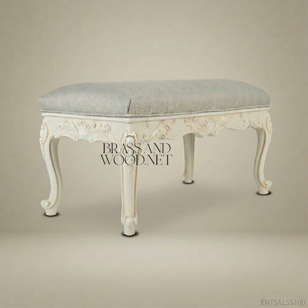 Louis XV Rococo Hand-Carved Bedroom Bench - Shell & Scroll Cabriole Frame