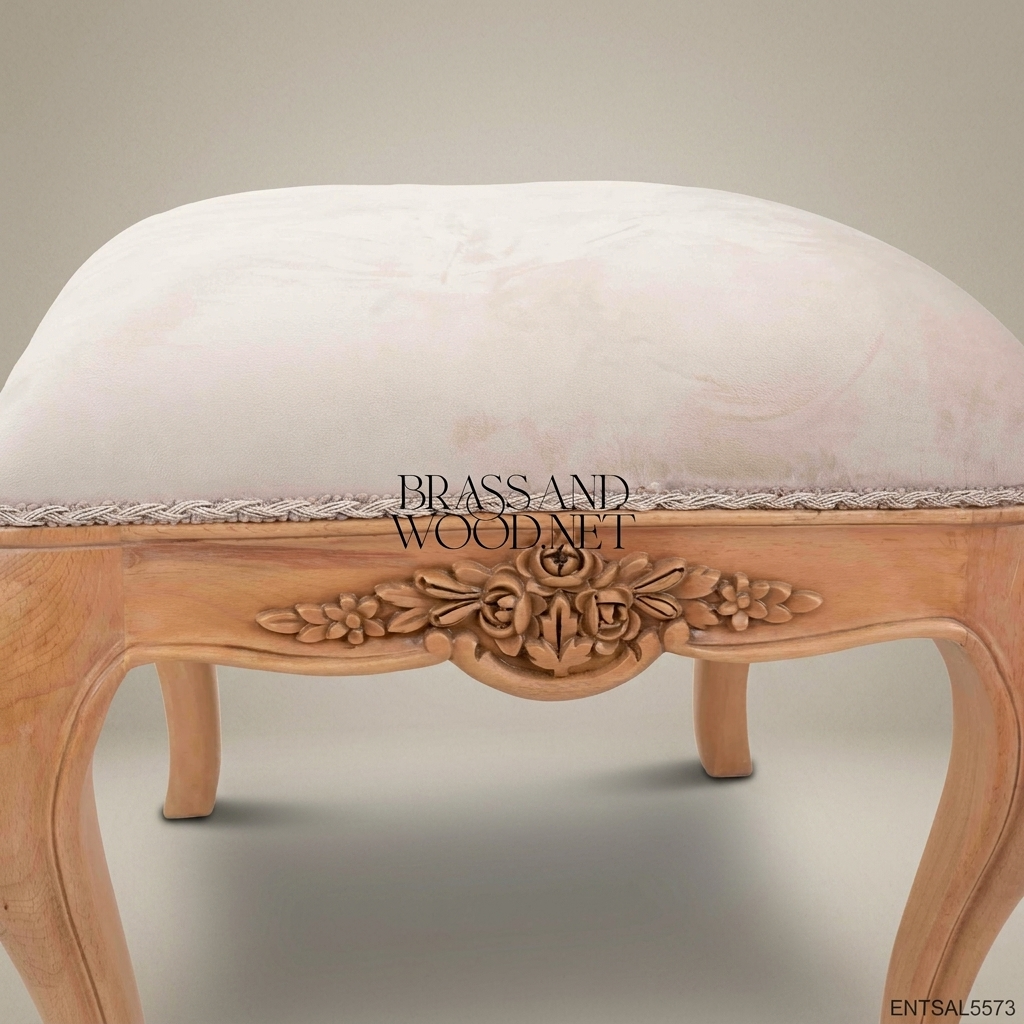Louis XV Rococo Hand-Carved Bedroom Stool - Rose Cartouche Apron
