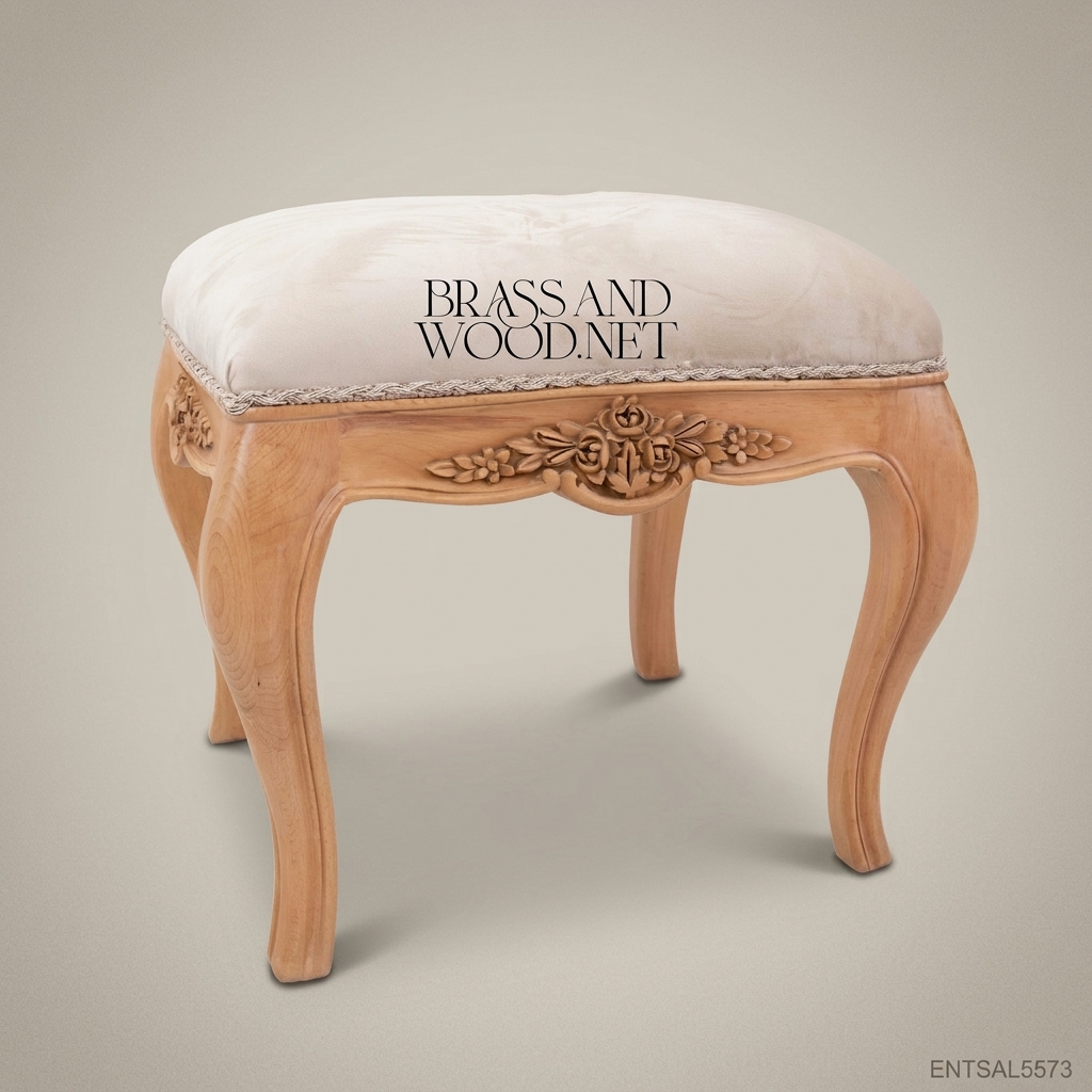 Louis XV Rococo Hand-Carved Bedroom Stool - Rose Cartouche Apron