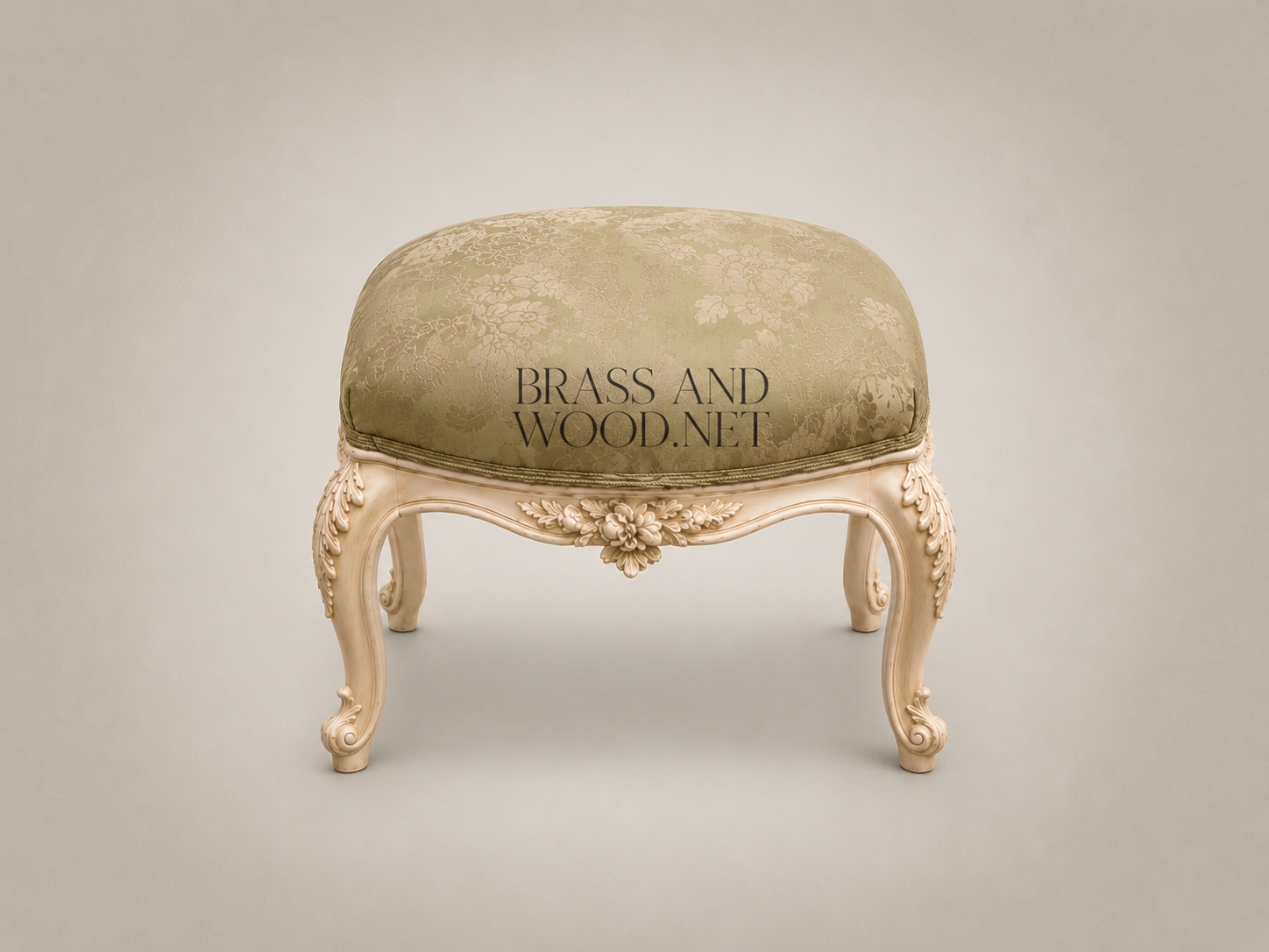 Louis XV Rococo Hand-Carved Ottoman Footstool - Ivory Frame with Sage Jacquard