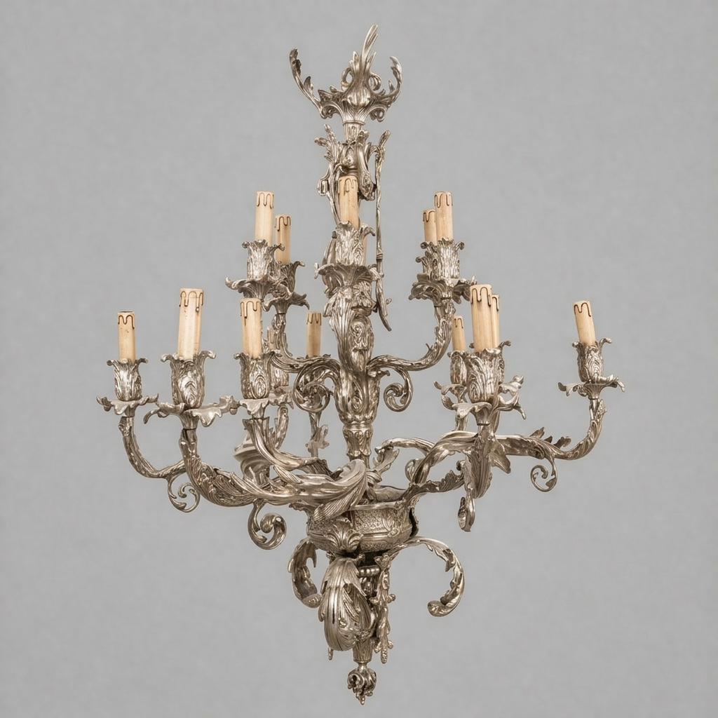Louis XV Rococo Hand-Cast Brass 12-Arm Chandelier with Acanthus Scrollwork — Silver