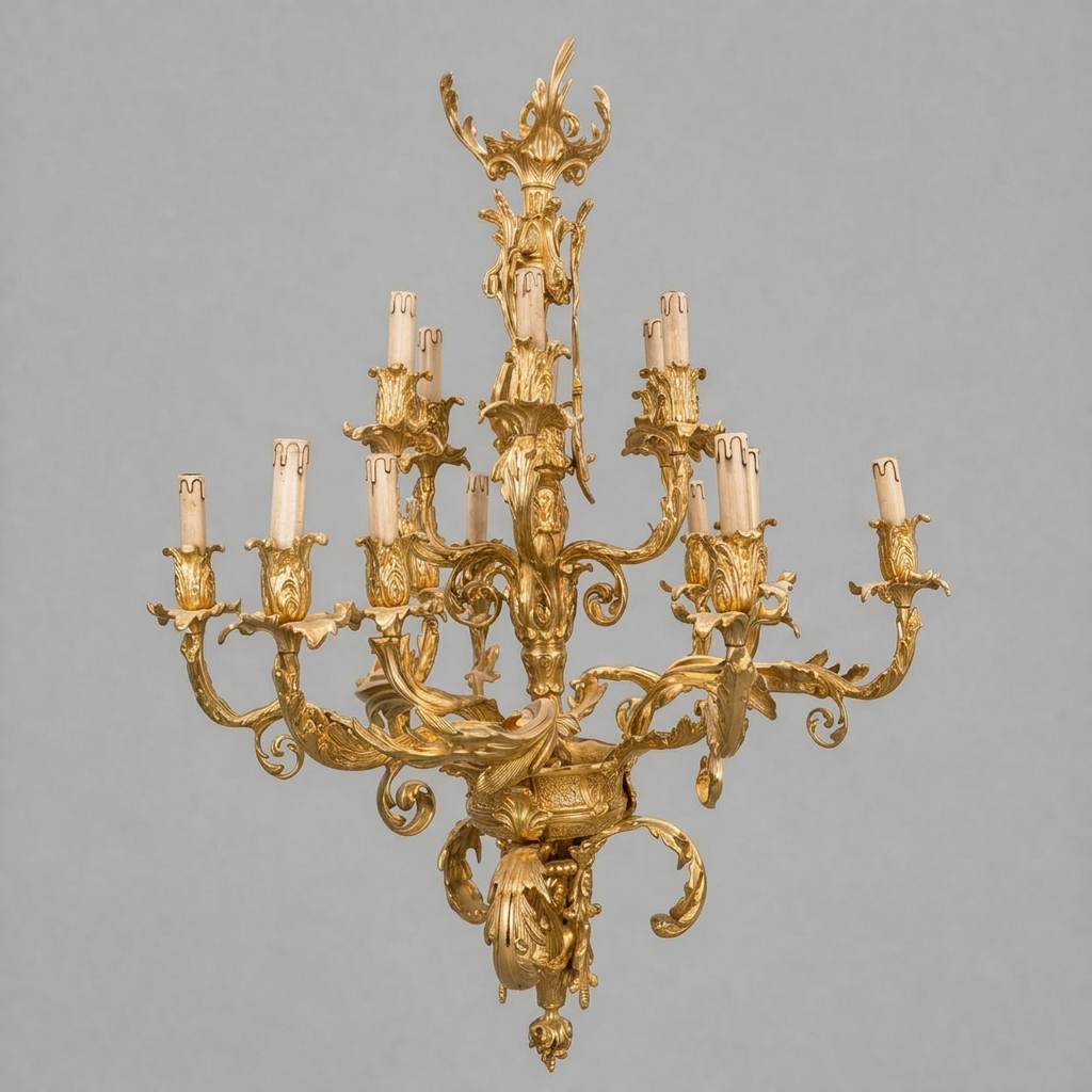 Louis XV Rococo Hand-Cast Brass 12-Arm Chandelier with Acanthus Scrollwork — Gold