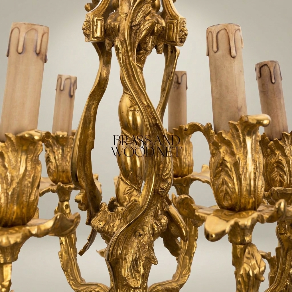 Louis XV Rococo Hand-Cast Brass 12-Arm Chandelier with Acanthus Scrollwork — Gold