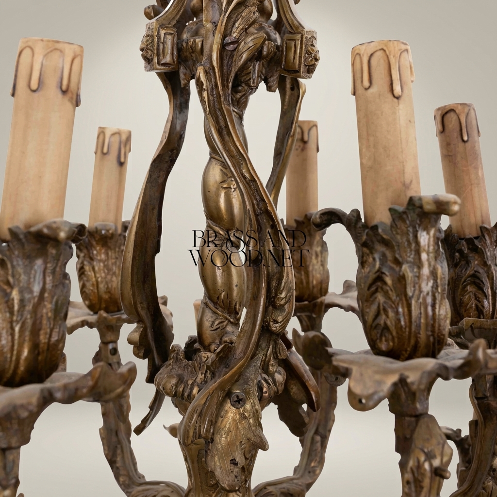 Louis XV Rococo Hand-Cast Brass 12-Arm Chandelier with Acanthus Scrollwork — Antique Gold