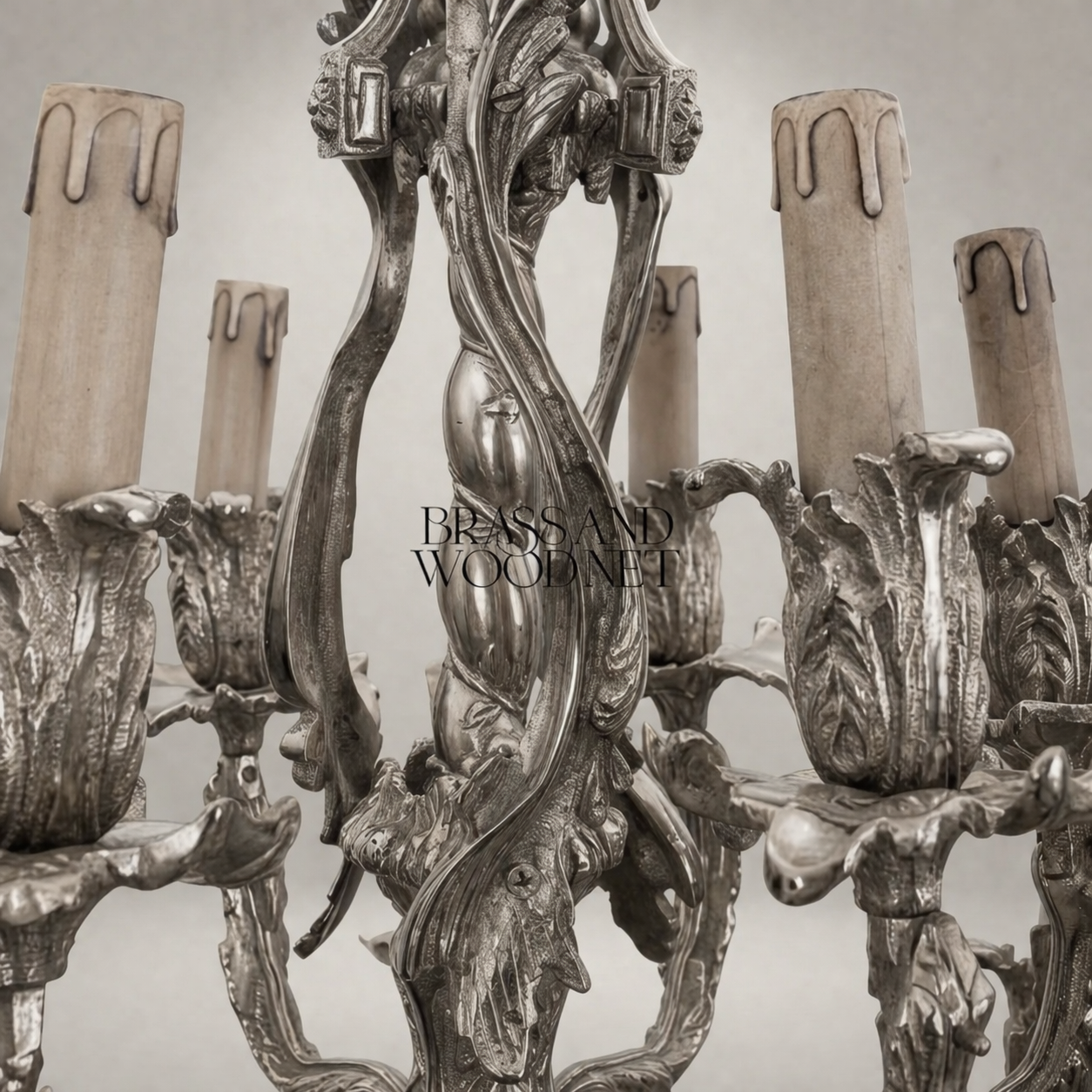 Louis XV Rococo Hand-Cast Brass 12-Arm Chandelier with Acanthus Scrollwork — Silver