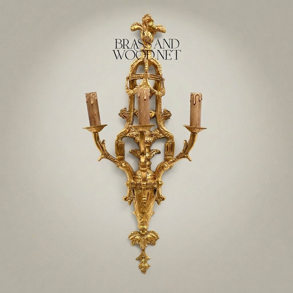 Louis XV Rococo Hand-Cast Brass 3-Arm Wall Sconce with Acanthus & Fleur-de-Lis Crown — Gold
