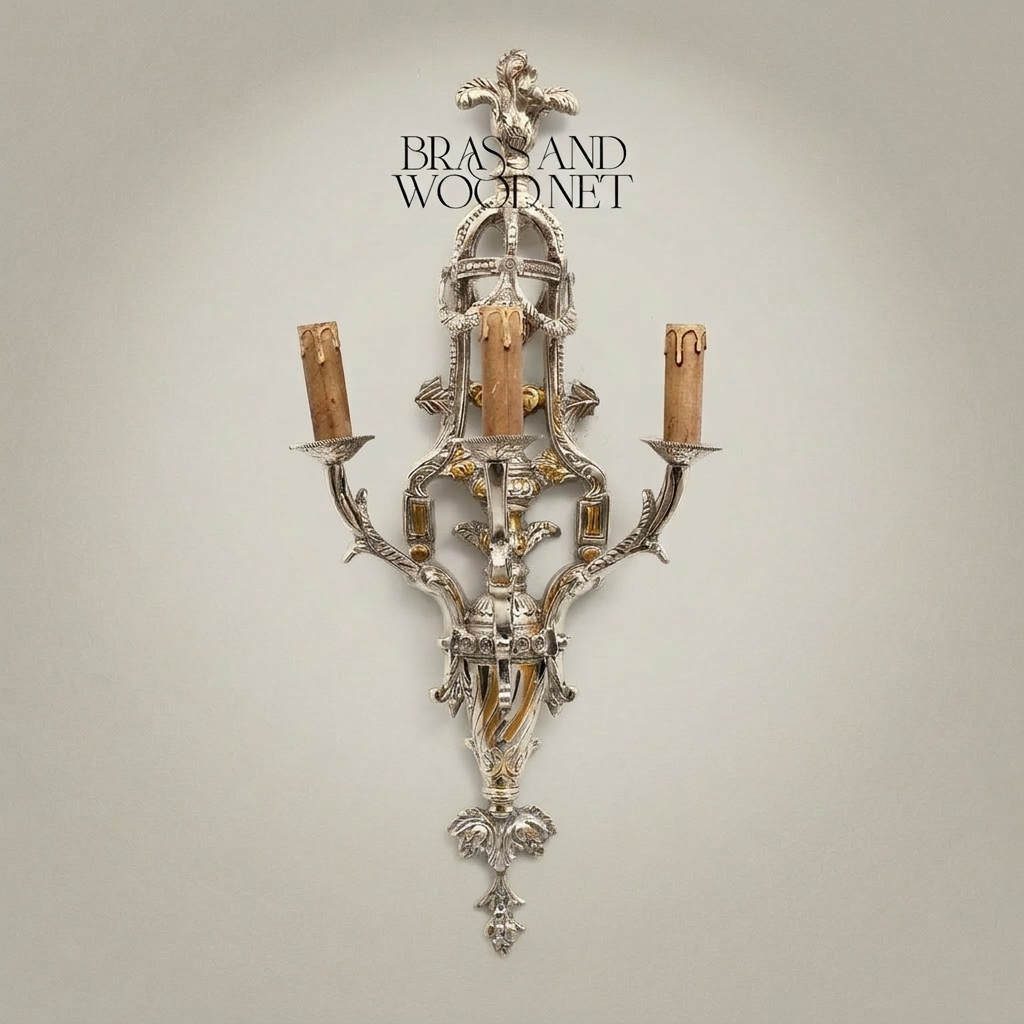 Louis XV Rococo Hand-Cast Brass 3-Arm Wall Sconce with Acanthus & Fleur-de-Lis Crown — Silver