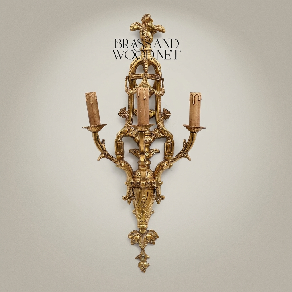 Louis XV Rococo Hand-Cast Brass 3-Arm Wall Sconce with Acanthus & Fleur-de-Lis Crown — Antique Gold