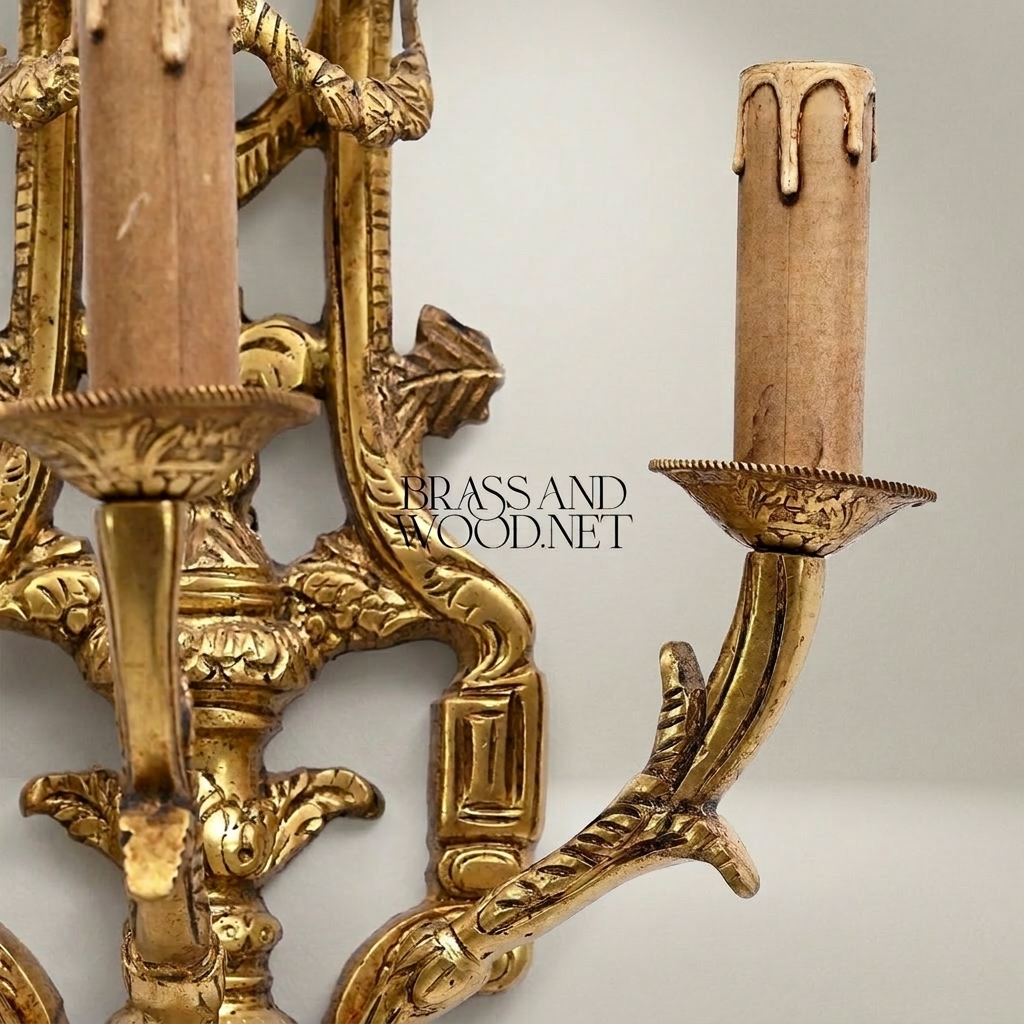 Louis XV Rococo Hand-Cast Brass 3-Arm Wall Sconce with Acanthus & Fleur-de-Lis Crown