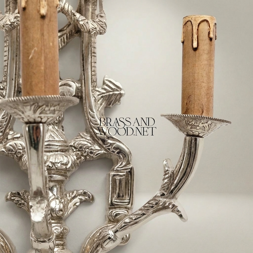 Louis XV Rococo Hand-Cast Brass 3-Arm Wall Sconce with Acanthus & Fleur-de-Lis Crown — Silver
