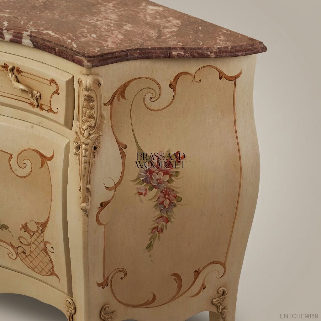 Louis XV Rococo Hand-Painted Bombe Commode with Rouge Marble Top
