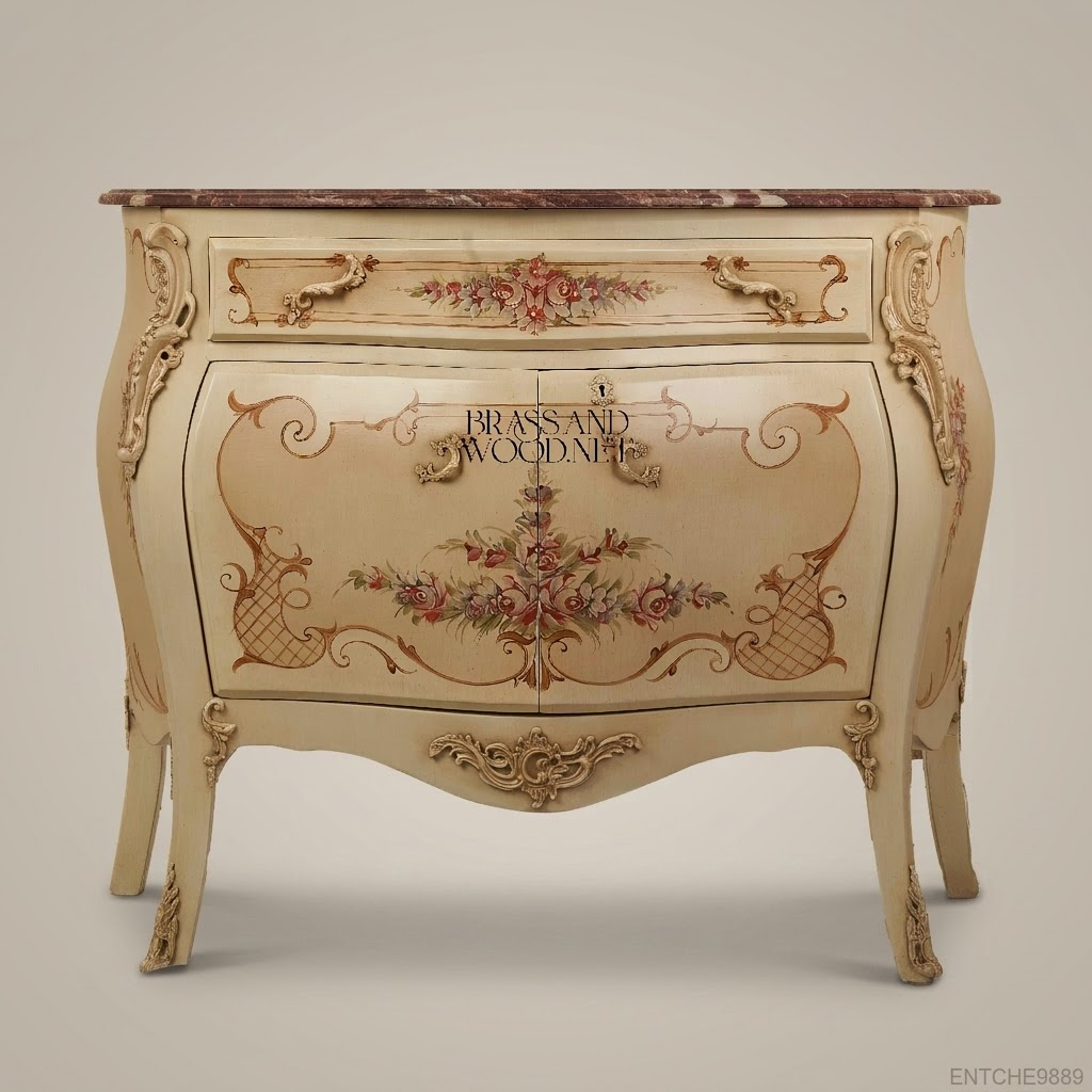 Louis XV Rococo Hand-Painted Bombe Commode with Rouge Marble Top