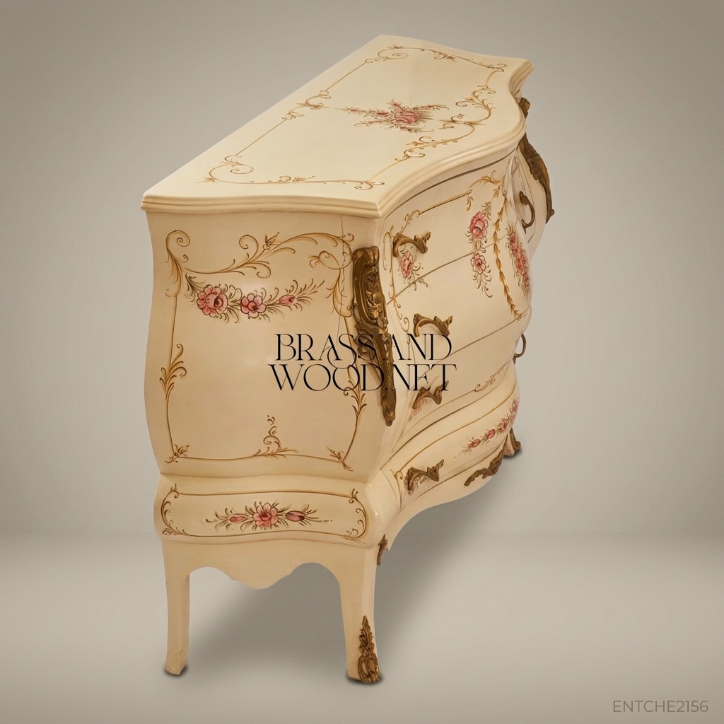 Louis XV Rococo Bombe Commode – Ivory Lacquer & Hand-Painted Florals