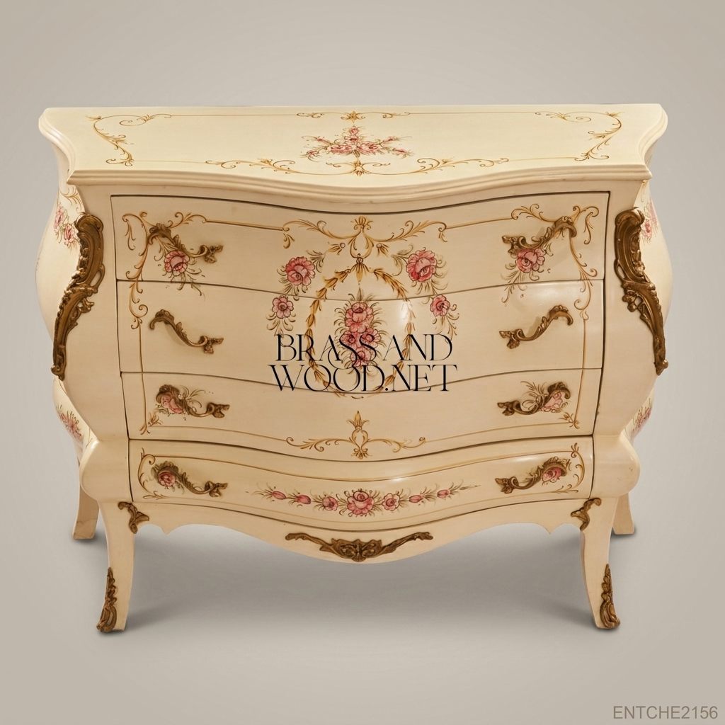 Louis XV Rococo Bombe Commode – Ivory Lacquer & Hand-Painted Florals