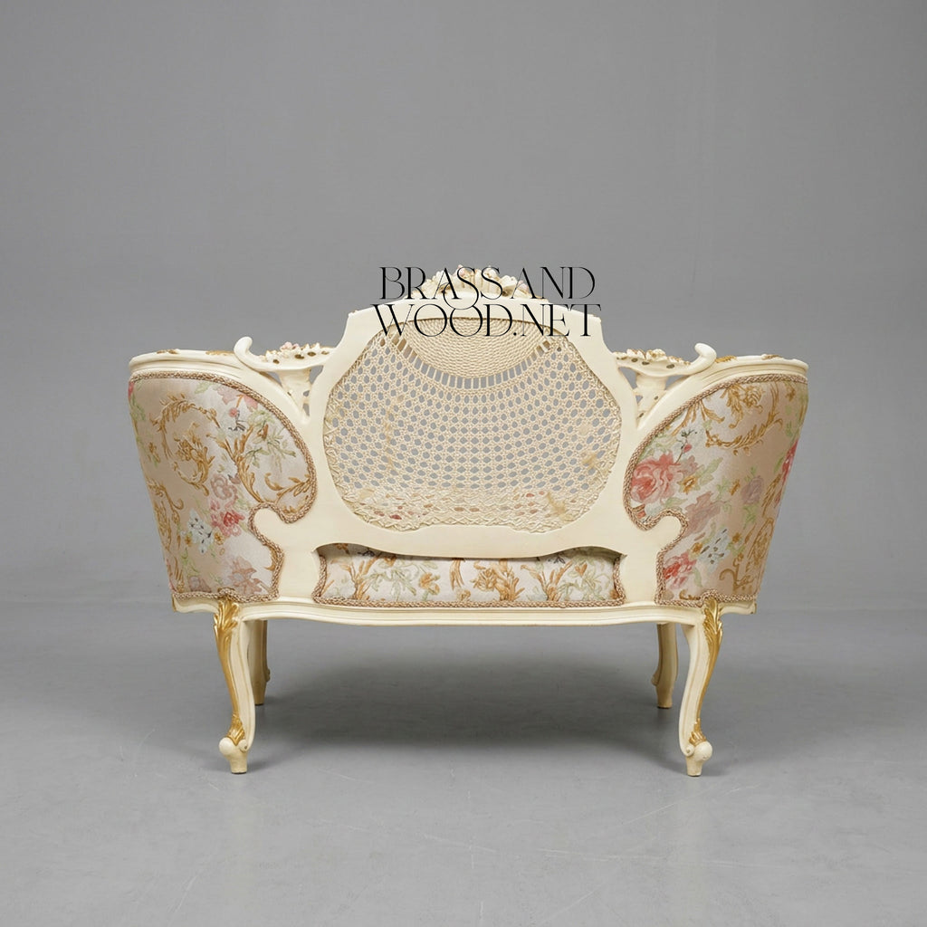 Louis XV Rococo Ivory Canapé Sofa with Cane Medallion Back & Floral Jacquard