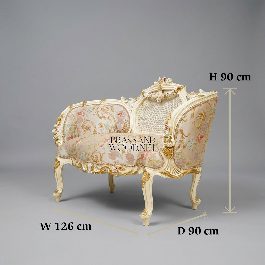 Louis XV Rococo Ivory Canapé Sofa with Cane Medallion Back & Floral Jacquard