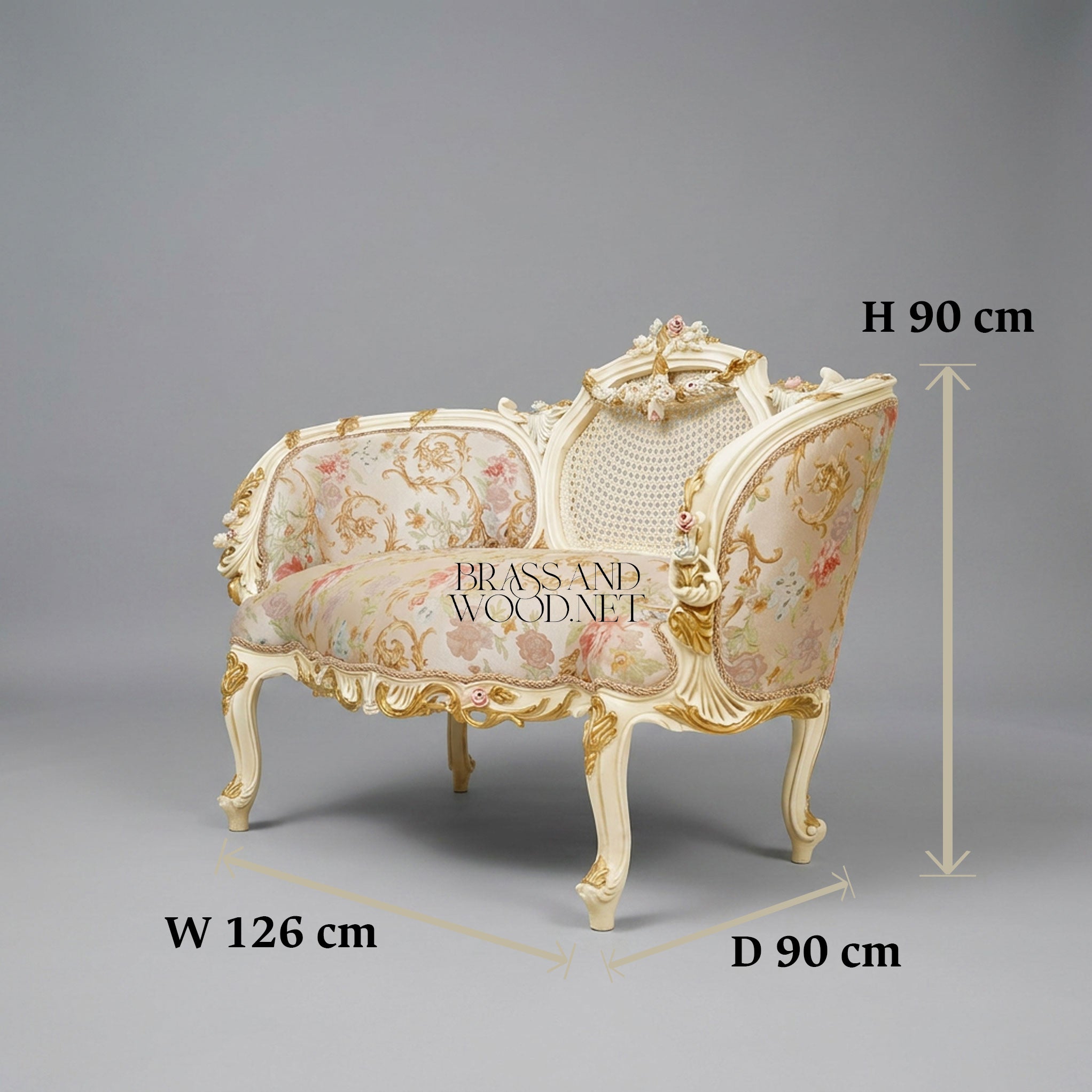 Louis XV Rococo Ivory Canapé Sofa with Cane Medallion Back & Floral Jacquard