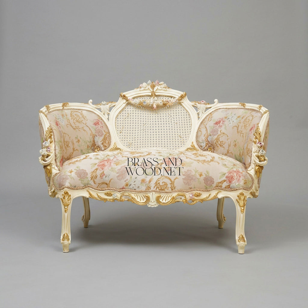 Louis XV Rococo Ivory Canapé Sofa with Cane Medallion Back & Floral Jacquard