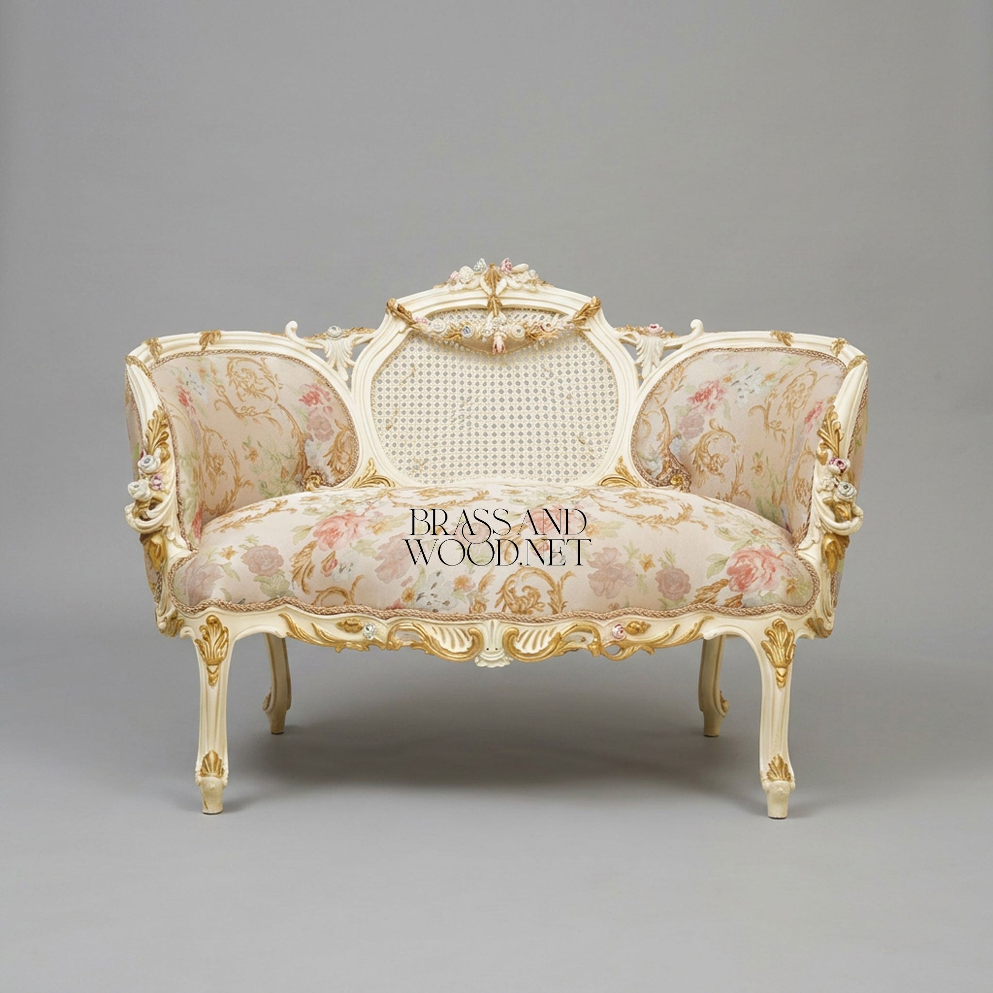 Louis XV Rococo Ivory Canapé Sofa with Cane Medallion Back & Floral Jacquard