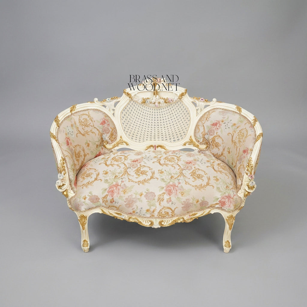 Louis XV Rococo Ivory Canapé Sofa with Cane Medallion Back & Floral Jacquard