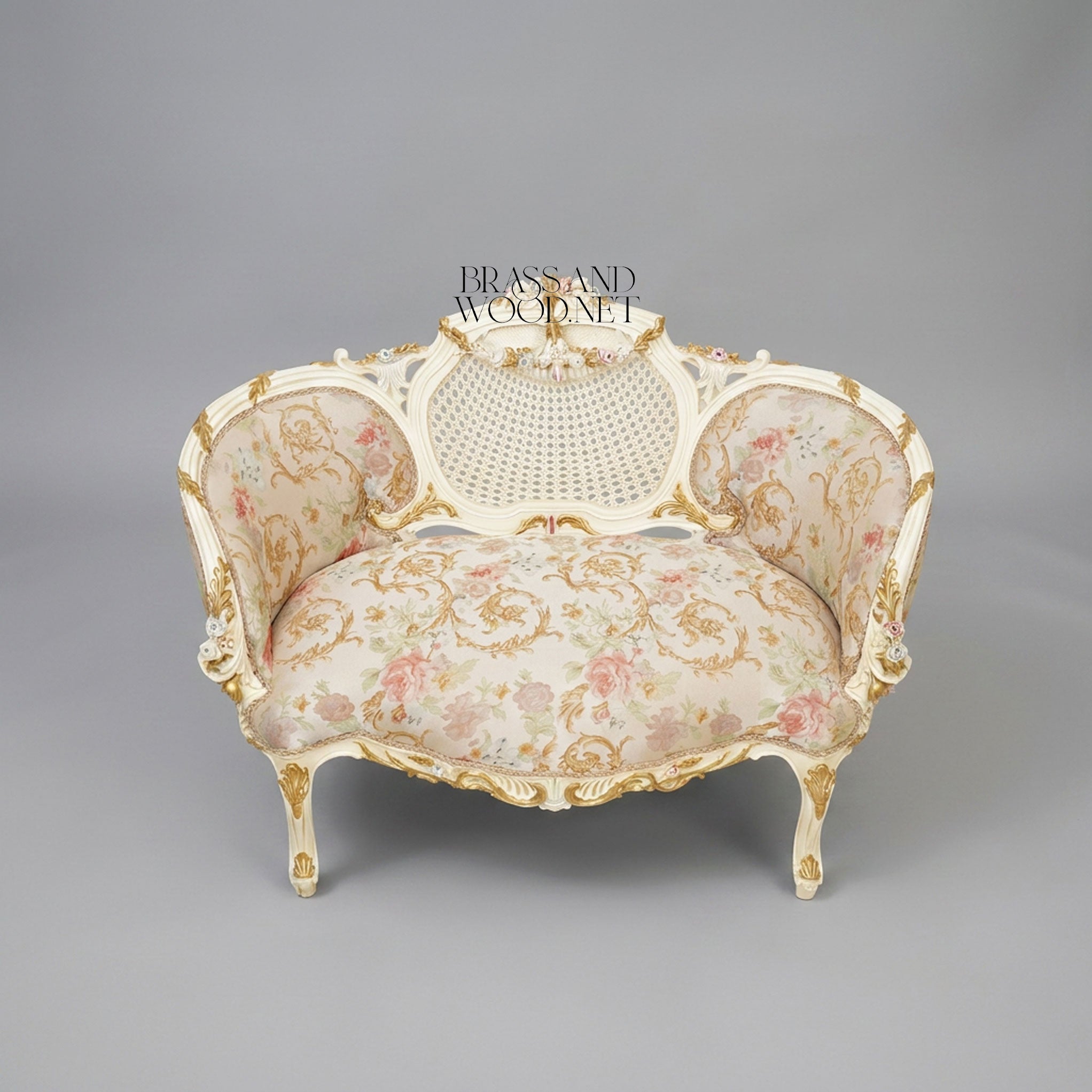 Louis XV Rococo Ivory Canapé Sofa with Cane Medallion Back & Floral Jacquard
