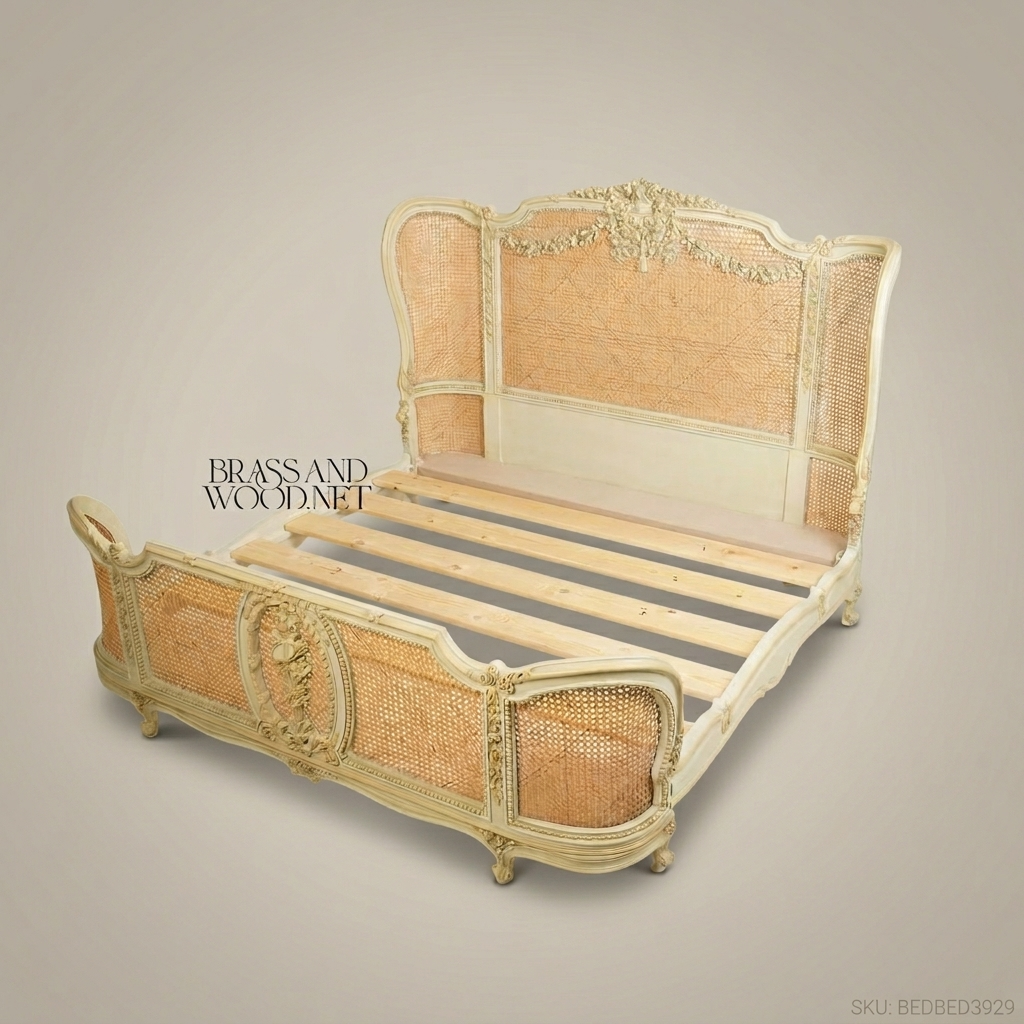 Louis XV Rococo Ivory Painted Cane Panel Bed with Rose-Basket Carved Headboard