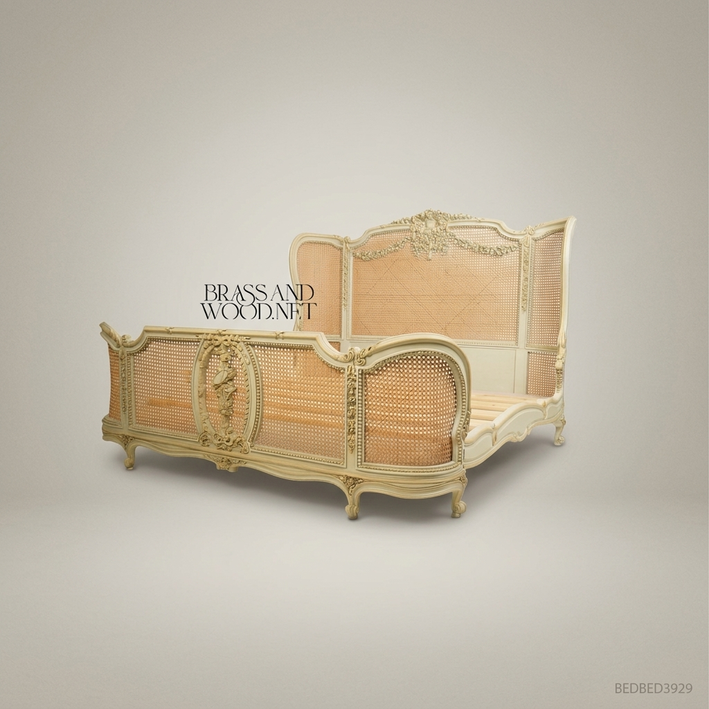 Louis XV Rococo Ivory Painted Cane Panel Bed with Rose-Basket Carved Headboard